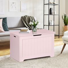 a living room with a couch, coffee table and pink storage box on the floor