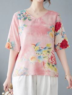 US$ 22.86 - Women's Cotton Linen Blouse Floral Pattern Vintage Shirt V Neck Mid Sleeve Loose Lightweight Top - www.zicopop.com Floral Pattern Vintage, Linen Fashion, Vintage Floral Pattern, Linnet, Spring Outfits Women, Linen Blouse, Lightweight Tops, Women Shirts Blouse, Vintage Shirt