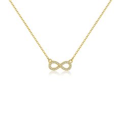 Add a touch of elegance with our Gold Pave Infinity Pendant Necklace, featuring a shimmering infinity symbol encrusted with sparkling pave stones. This timeless piece symbolizes endless love and connection, making it perfect for any occasion. Elevate your accessory collection with this chic and meaningful necklace, designed to add a refined sparkle to your look. Made with 100% recycled Sterling Silver base with a thick layer of high quality 14k gold plating ensuring lasting quality.  This produc Infinity Necklace With Diamond Accents, Cubic Zirconia Infinity Necklace With Diamond Accents, Infinity Necklace With Diamond Accents In Cubic Zirconia, Infinity Shaped Cubic Zirconia Necklace With Diamond Accents, Formal Infinity Necklace In Cubic Zirconia, Formal Infinity Cubic Zirconia Necklace, Elegant Infinity Jewelry With Pave Setting, Infinity Shaped Jewelry With Pave Setting For Gift, Meaningful Necklace