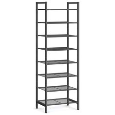 a metal shelf with four shelves on each side