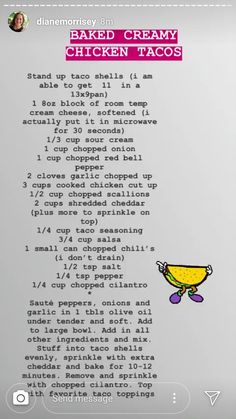 the recipe for baked creamy chicken tacos is shown on a cell phone screen