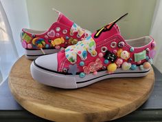 Cute Candyland sneakers are a great look for any little girl. Please attach note at checkout with size. No half sizes please Decorated Sneakers, Paint Sneakers, Birthday Shoes, Sneaker Ball, 9 Birthday, Candy Shoes, Girls Shoes Sneakers, Painted Sneakers, Candies Shoes