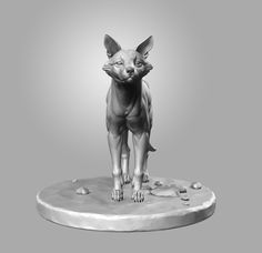 a statue of a cat standing on top of a metal base with drops of water around it