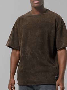 Oversized Brown T-shirt For Fall, Trendy Brown Cotton Shirt, Oversized Washed T-shirt For Fall, Brown Relaxed Fit Cotton Top, Oversized Washed Crew Neck Top, Oversized Cotton Drop Shoulder Tops, Trendy Oversized Washed Tops, Brown Relaxed Fit Streetwear Shirt, Brown Relaxed Fit Top