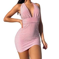 Features: By: Genuine Style: Deep V-Neck Tie Back Shimmer Bodycon Mini Dress Color: Pink Fabric Content: Cotton/ Polyester Neckline: V-Neck D2t1293 Year Round Length: Mini Size: Womens L Condition: New With Tags Pink V-neck Halter Dress For Night Out, Pink Fitted V-neck Dress For Date Night, Pink Fitted V-neck Mini Dress, V-neck Bodycon Backless Dress For Club, Pink V-neck Bodycon Cocktail Dress, Glamorous Halter V-neck Dress For Cocktail, Glamorous V-neck Halter Dress For Date Night, Glamorous V-neck Halter Dress For Cocktail, Glamorous V-neck Halter Cocktail Dress