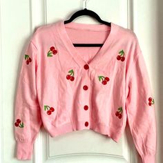 Pink Button Down Cardigan Sweater With Cherry Print Women’s Size S. Length 18 1/4 Red Buttons Cherry Cardigan, White Cotton Cardigan, Amazon Sweaters, Long White Cardigan, Cream Knit Cardigan, Black Knit Cardigan, Black Cardigan Sweater, Leopard Cardigan, Oversized Sweater Cardigan