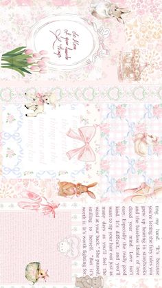 an assortment of pink and white paper with flowers