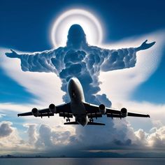 an airplane flying in the sky with clouds surrounding it and a man made out of clouds