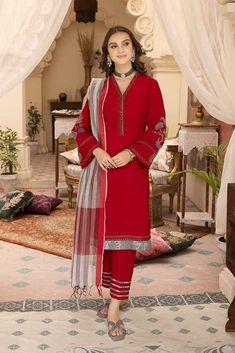 EDP23-27 | PRET FESTIVE EID COLLECTION - 2023 | CHARIZMA in UK USA UAE online kapraye.com Red Long Sleeve Sets With Embroidered Border, Red Cotton Traditional Wear With Embroidered Border, Red Embroidered Cotton Sets, Red Cotton Traditional Wear With Dabka Work, Plain Red, Ladies Clothing, Eid Collection, Embroidered Neckline, Patch Work