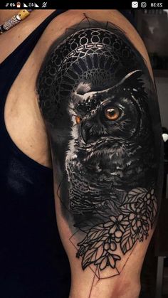 an owl tattoo on the arm