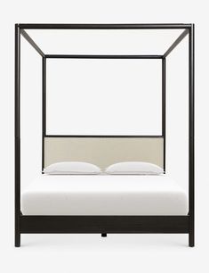 an iron bed frame with white sheets and pillows on the bottom, against a white background