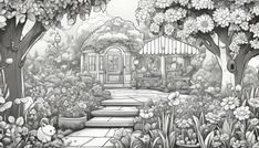 a black and white drawing of a house in the woods with flowers, trees, and steps leading up to it