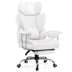 a white leather office chair with foot rest