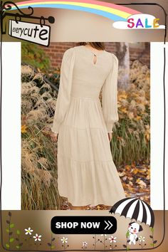 Beige Pleated Long Sleeve Swing Dress Beige Solid Color Midi Dress For Fall, Beige Midi Dress For Fall, Cream Dress For Day Out In Fall, Cream Dresses For Day Out In Fall, Cream Dresses For Fall Day Out, Cream Long Sleeve Midi Dress For Brunch, Cream Midi Dress For Fall, Fall Cream Midi Dress For A Day Out, Neutral Fall Dress For Day Out