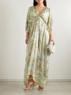 CAMILLA Embellished printed silk-satin kaftan | NET-A-PORTER Elegant Viscose Kaftan, Bohemian Satin Summer Dress, Summer Evening Floral Print Kaftan, Bohemian Floral Print Evening Kaftan, Bohemian Silk Kaftan For Daywear, Elegant Printed Silk Kaftan, Elegant Spring Viscose Kaftan, Silk Bohemian Kaftan For Daywear, Elegant Silk Printed Kaftan