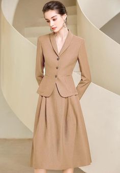 Full Midi Skirt and Jacket Skirt Suit Wool Skirt 2pc Suit, Luxury Wool Skirt Suit For Fall, Luxury Wool Skirt Suit, Long Suit Jacket Dress, Luxury Spring Jacket Dress For Business, Chic Luxury Jacket Dress For Work, Luxury Skirt Suit With Buttons, Office Wear Women Skirt And Blouse, Luxury Workwear Skirt For Spring