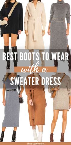 Sweaters Dress Outfit, Best Shoes For Sweater Dress, Shoes For Long Sweater Dress, Shoes To Wear With Knit Dress, How To Style Ankle Boots Dresses, Sweater Dresses With Boots Ankle Booties, Winter Boots For Dresses, Calf High Boots Outfit Fall, Midi Dress Shoes Winter