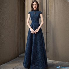 Orcajump - Adult High Collar Evening Dress in Navy Blue - Perfect for Hosting and Choral Performances - Floor-Length Gown Skirt Wedding Dress, Floor Length Gown, Blue Outfit, Wedding Dress Styles, Dress Styles, High Collar, A Line Skirt, A Line Skirts, Evening Dress