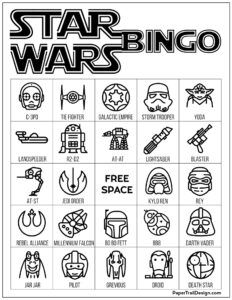 the star wars bingo game is shown in this black and white version, with symbols for each