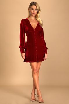 Make it Merry Wine Red Velvet Long Sleeve Button-Up Mini Dress Red Velvet Dress Long, Cocktail Dress Holiday, Velvet Dress Long, Long Sleeve Velvet Dress, Red Velvet Dress, Prom Dress Shopping, Christmas Party Dress, Holiday Party Dresses, Formal Dresses For Women