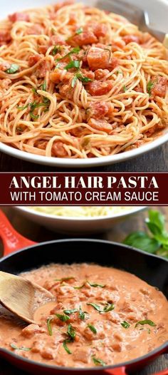 angel hair pasta with tomato cream sauce in a skillet