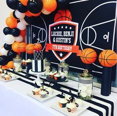 a basketball themed birthday party with balloons and decorations