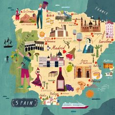 an illustrated map of spain with all the main attractions