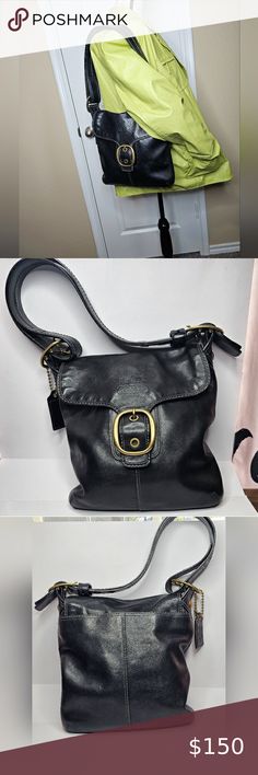 Coach Bleeker Flap Tattersall Duffle No-F079-1121P Signature Logo, Coach Handbags, Zip Pockets, Black Leather, Like New, Brass, Shoulder Bag, Handbags, Outfit Inspo