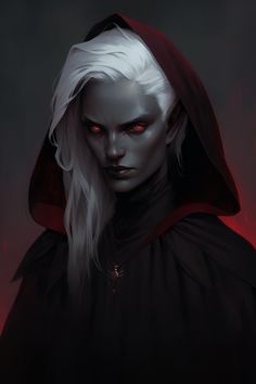 a woman with white hair and red eyes in a hooded outfit, staring at the camera