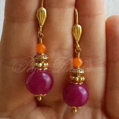 Pink & Orange Jade Stone Gold Plated Leverback round dangle Beautiful Earrings | eBay Handmade Party Danglers, Single Round Beaded Earring As A Gift, Elegant Beaded Drop Earrings With Lever Back, Gift Round Beaded Single Earring, Elegant Round Danglers For Gift, Handmade Elegant Pink Danglers, Round Danglers For Pierced Ears As A Gift, Handmade Elegant Dangle Earrings, Elegant Handmade Dangle Danglers