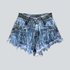 Embellished fringe distressed denim shorts Embellished Denim, Oversized Denim Jacket, Distressed Denim Shorts, Edgy Look, Denim Shorts Women, Wide Leg Denim, Early 2000s, Everyday Wardrobe, Y2k Style