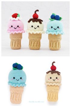 three crocheted ice cream cones with faces on them