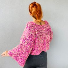 🎀Are you looking for a crochet unique, warm sweater made of soft, design yarns and only 1 in the world? A unique and 100% handmade wonderful design is here to gift both your home and your loved ones. 🍀 🍀  A perfect gift for yourself and your loved ones. It is woollen, warm and cosy. As this product is a rope mix design, it is created by combining different ropes together. This product is unique and there is only 1 of the design in the image. It's a loose fitting sweater, one size fits all. He Cozy Pink Cropped Sweater For Winter, Bohemian Winter Knitted Tops, Cozy Knitted Cropped Sweater, Pink Knitted Long Sleeve Top, Cozy Hand Knitted Long Sleeve Tops, Cozy Hand Knitted Knit Tops, Hand Knitted Cozy Top, Cozy Hand-knitted Knit Tops, Bohemian Chunky Knit Winter Top