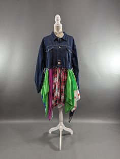 "Super gorgeous upcycled denim and flowy fabric  jacket. Bust measures 54\" when buttoned closed and length varies from approximately 34\"-47\". Colourful and unique!" Upcycled Long Sleeve Denim Jacket For Spring, Spring Upcycled Long Sleeve Denim Jacket, Spring Long Sleeve Reworked Denim Jacket, Upcycled Long Sleeve Outerwear For Spring, Spring Upcycled Long Sleeve Outerwear, Upcycled Blue Outerwear For Fall, Blue Upcycled Outerwear For Fall, Long Denim Jacket, Altered Couture