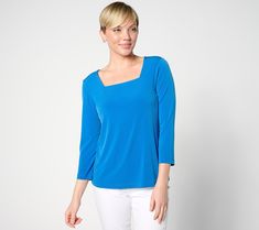 Fashion influencers are telling us... it's hip to be square! This square-neck top works that angle and is crafted in beloved, body-skimming Liquid Knit®. From Susan Graver. Versatile Stretch Square Neck Top, Modern Stretch Tops With Square Neck, Square Fitted Top Solid Color, Fitted Solid Color Square Top, Hip To Be Square, Square Neck Top, Susan Graver, Square Neck, Top Blouse