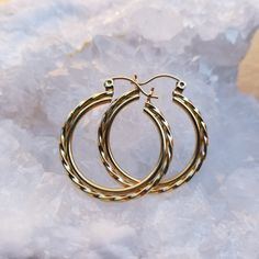 Solid 14k Yellow Gold Hoops 1 Inch Diameter Smooth Inside Hoop And Twisted Outside Good Used Condition Guranteed Solid Gold Gold Hoops, Solid Gold, 1 Inch, Jewelry Earrings, Yellow Gold, Women Jewelry, Yellow, Gold, Color