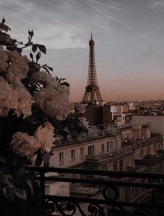 the eiffel tower is in the distance with pink flowers growing on it's balcony