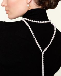 This exquisite pearl necklace features 8.0-8.5mm AAA quality Japanese white Akoya pearls hand picked for their radiant luster. 
The pearls are strung and double knotted on the finest silk thread. The necklace is affixed with an adjustable 14K gold & diamond encrusted clasp that can be placed on any pearl on the strand for easy customization. Formal Pearl Lariat Necklace, Classic Formal Lariat Necklace With Pearl Pendant, Classic Pearl Chain Lariat Necklace For Formal Occasions, Elegant Pearl White Lariat Necklace, Classic Formal Lariat Necklace With Pearl Drop, Classic Lariat Pearl Necklace, Formal Lariat Pearl Necklace With Pendant, Formal Pearl Pendant Lariat Necklace, Formal Lariat Pearl Pendant Necklace