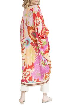 A bright, blooming print sweetens the look of this light and airy cocoon duster. Open front Three-quarter sleeves 100% rayon Hand wash, line dry Imported Spring Beach Kimono With 3/4 Sleeve, Summer Beach Kimono With 3/4 Sleeves, Spring Silk Kimono For Beachwear, Spring Beachwear Silk Kimono, Casual Silk Spring Kimono, Casual Silk Kimono For Spring, Spring Multicolor Floral Print Kimono, Short Sleeve Multicolor Floral Kimono, Bolga Basket