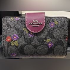 Nwt Coach Medium Corner Zip Wallet In Signature Canvas With Country Floral Print; Signature Coated Canvas; Smooth Leather; 7 Credit Card Slots; Bill Compartment; Id Window Snap Closure; Zip Coin Pocket; 5" (L) X 3 1/2" (H) X 1/2" (W); Style No. Cm986 Elegant Purple Wallets, Purple Rectangular Wallet With Interior Card Slots, Purple Leather Rectangular Wallet, Elegant Purple Bifold Wallet, Elegant Purple Leather Wallets, Window Snap, Banana Print, Country Floral, Large Clutch