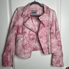 Bagatelle Pink Tie Dye Moto Denim Jean Jacket. 100% Cotton. Classic Moro Style - Wear Open Or Closed. Zip Pockets & Cuffs. Size Xs. Nwot. Spring Casual Biker Jacket With Zipper Closure, Spring Casual Biker Jacket With Zipper, Casual White Biker Jacket For Spring, Trendy Cotton Biker Jacket For Spring, Cotton Long Sleeve Biker Jacket For Spring, Trendy Pink Biker Jacket For Spring, Trendy Pink Spring Biker Jacket, Pink Tie, Pink Tie Dye