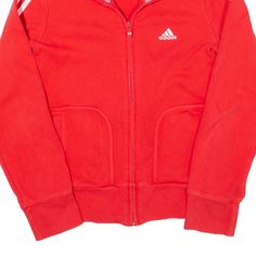 Item is in good used condition. >Size: UK 8 >Armpit To Armpit: 15" >Armpit To Cuff: 19" >Collar To Hem: 22" Sporty University Red Sweatshirt For Sports, Red Sporty Track Jacket For Sports Season, Sporty Red Track Jacket For Athletic Season, Casual Red Track Jacket For Sports Events, Sporty Red Sweatshirt For Sports, Red Track Jacket With Ribbed Cuffs For Sports, Casual Red Track Jacket For Sports Season, Sporty Red Cotton Track Jacket, Adidas Track Jacket