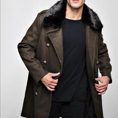 Military Green Coat. Double Breasted With Faux Fur Colar Fall Long Sleeve Fur Coat With Double Button Closure, Brown Pea Coat With Lapel Collar For Winter, Winter Double-breasted Outerwear With Faux Fur Trim, Winter Outerwear With Faux Fur Lining And Lapel Collar, Classic Long Fur Coat For Fall, Fall Long Pea Coat With Faux Fur Lining, Classic Fur Coat For Work In Fall, Classic Fall Outerwear With Faux Fur Trim, Classic Long Sleeve Fur Coat For Fall