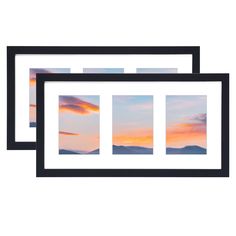 three frames with sunsets and mountains in the background