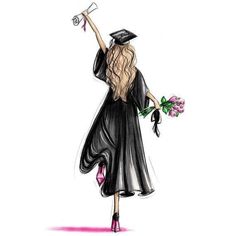 a drawing of a woman in a graduation gown with flowers and a hat on her head