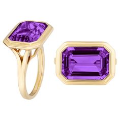 East-West Amethyst Emerald Cut Bezel Set Ring in 18K Yellow Gold, from 'Manhattan' Collection. Minimalist lines yet bold structures is what our Manhattan Collection is all about. Our pieces represent the famous skyline and cityscapes of New York City which people all over the world dream of seeing. You will be enraptured by our classic, yet flamboyant and colorful pieces….reminding you of the power and sleekness Manhattan can offer. * Gemstone: 100% Earth Mined * Approx. gemstone Weight: 6.71 Ca Clear Spring, Gold Amethyst Ring, Emerald Rings, Colored Stone Rings, Bezel Set Ring, Ring Ideas, Set Ring, Amethyst Jewelry, Color Stone