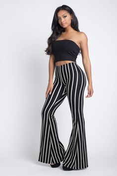 Women's Stripe Flare Pants – BPosh Beauty Bar & Boutique Chic Summer Pull-on Style Pants, Summer Ankle-length Elastane Dress Pants, Ankle-length Elastane Dress Pants For Summer, High-waisted Elastane Wide Leg Pants For Summer, Spring Non-stretch Dress Pants With Elastic Waistband, Trendy Stretch Wide Leg Pants For Spring, Summer Stretch Wide Leg Elastane Pants, Trendy Spring Wide Leg Elastane Pants, Chic Stretch Dress Pants