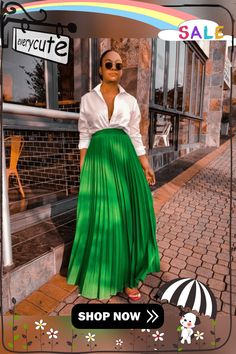 High Waist Solid Color Ankle-length Pleated Skirts Green Flowy Skirt For Fall, Fitted Ankle-length Casual Maxi Skirt, Casual Fitted Ankle-length Maxi Skirt, Long Green Skirt For Fall, Spring Green Pleated Maxi Skirt, Green Non-stretch Pleated Maxi Skirt, Non-stretch Pleated Flared Skirt For Party, Casual Ankle-length Lined Skirt, Spring Party Pleated Maxi Skirt