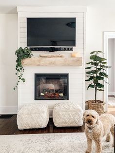 a living room with a fireplace, television and ottomans