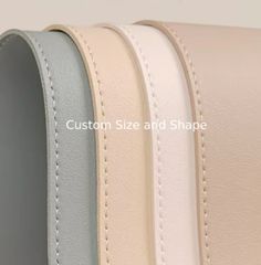 four different colors of leather with stitching on each side and the words custom size and shape